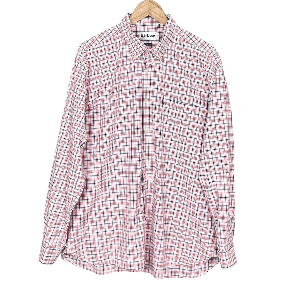 Barbour Tailored Fit Red Blue Plaid Button Shirt Mens XXL Business Casual Preppy